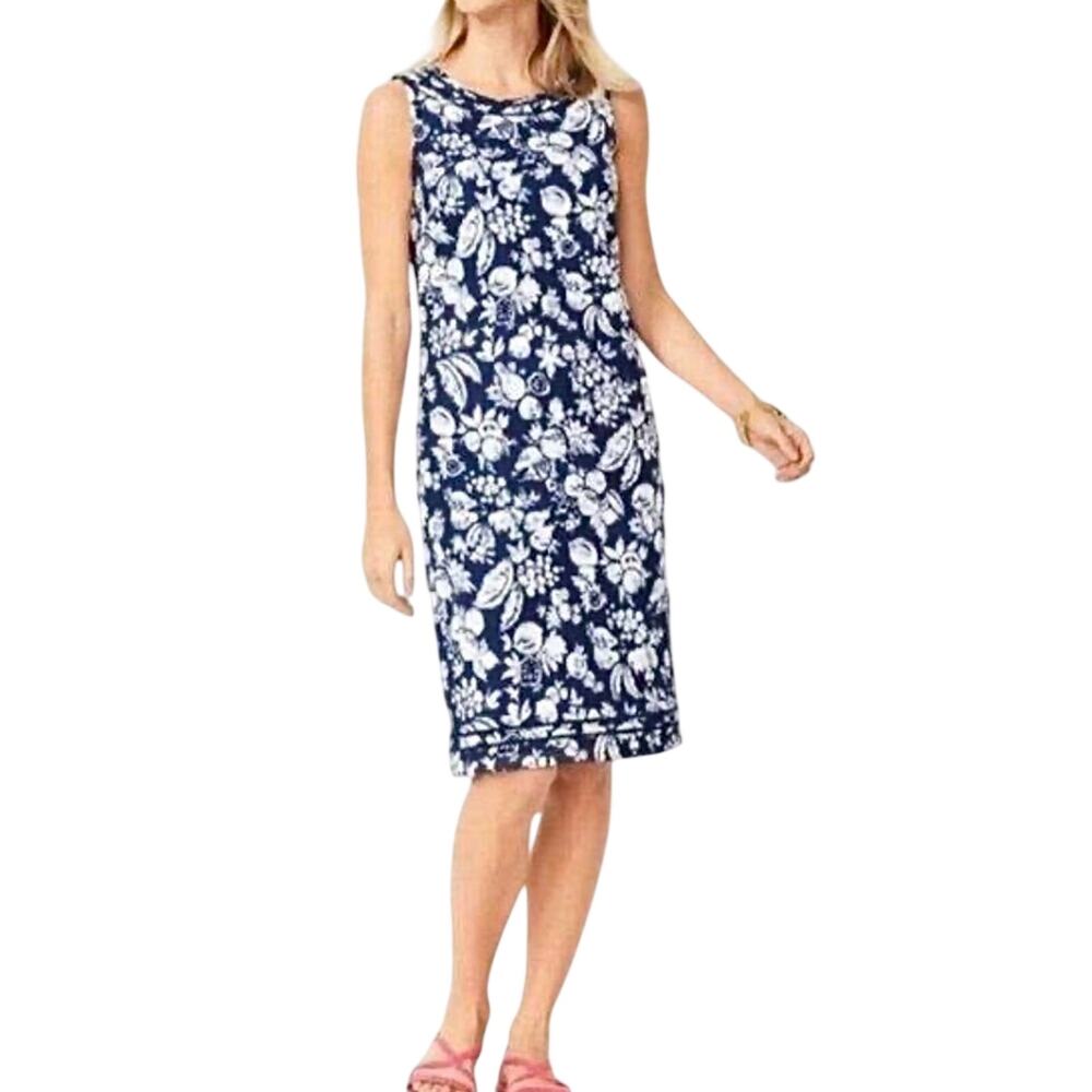 Talbots Shift Dress 10 Pique Cotton Navy Whimsical Fruit Floral Coastal Preppy